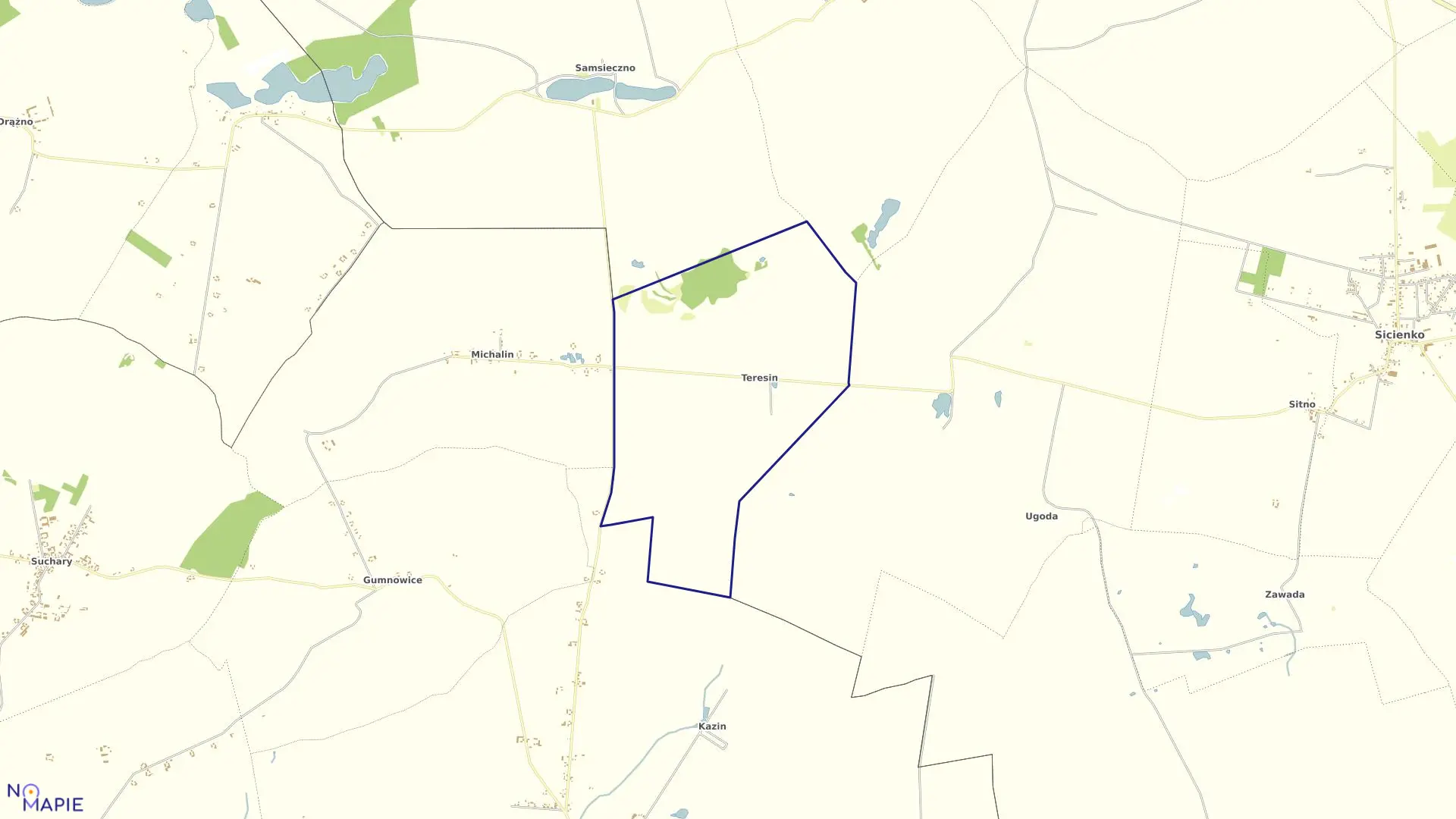 Mapa obrębu Teresin w gminie Sicienko